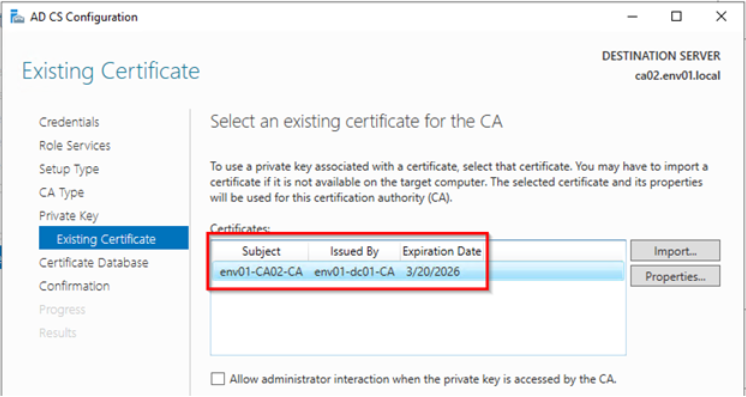 Screenshot of the CA MMC with a certificate selected in the Certificates box.